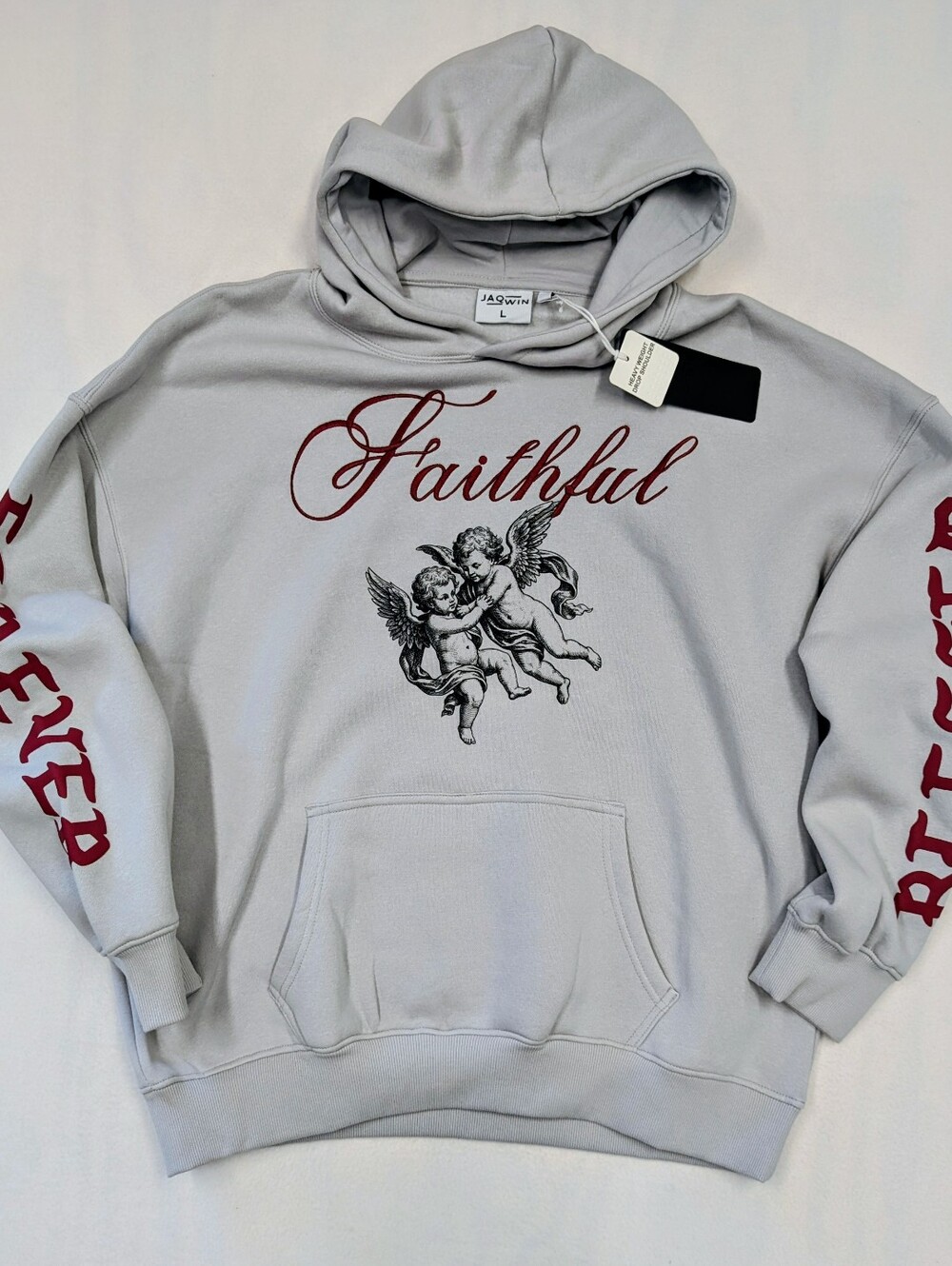 YNS Generic Faithful Angel Graphic Hoodie - Light Gray with Red Accents
